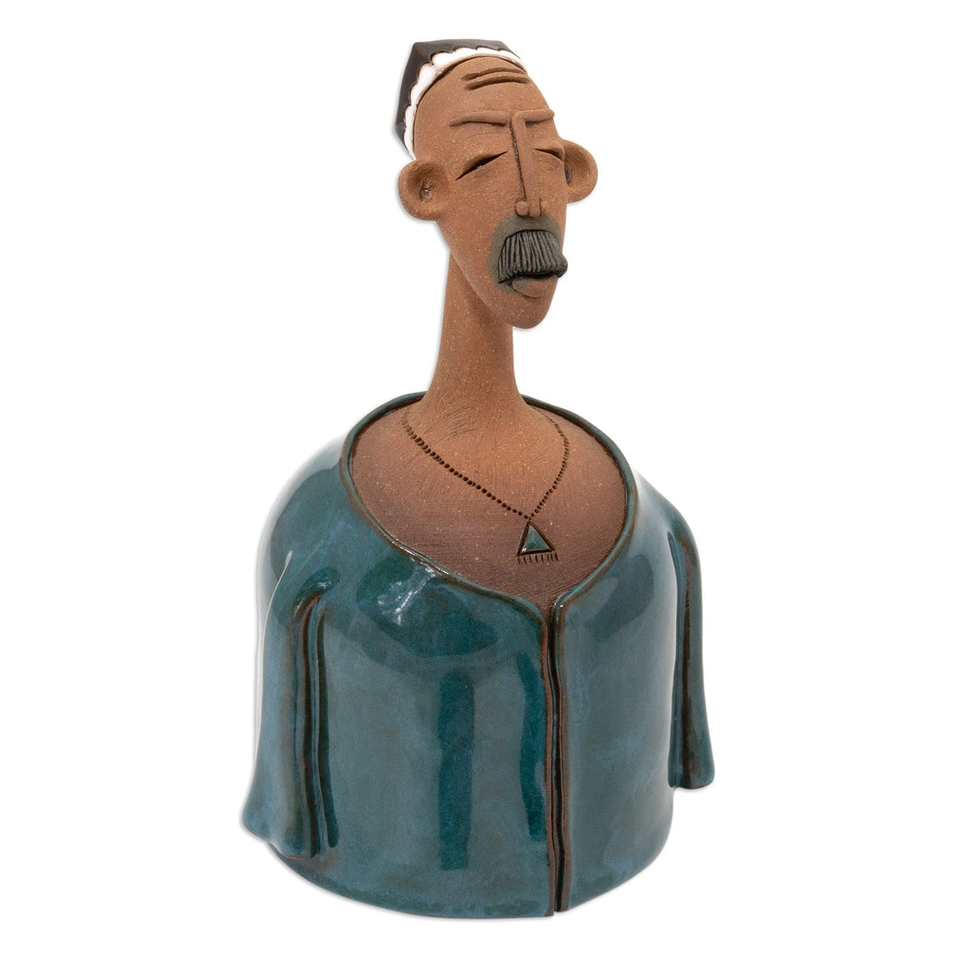Man-Shaped Decorative Ceramic Bell Made & Painted by Hand - Man in Teal