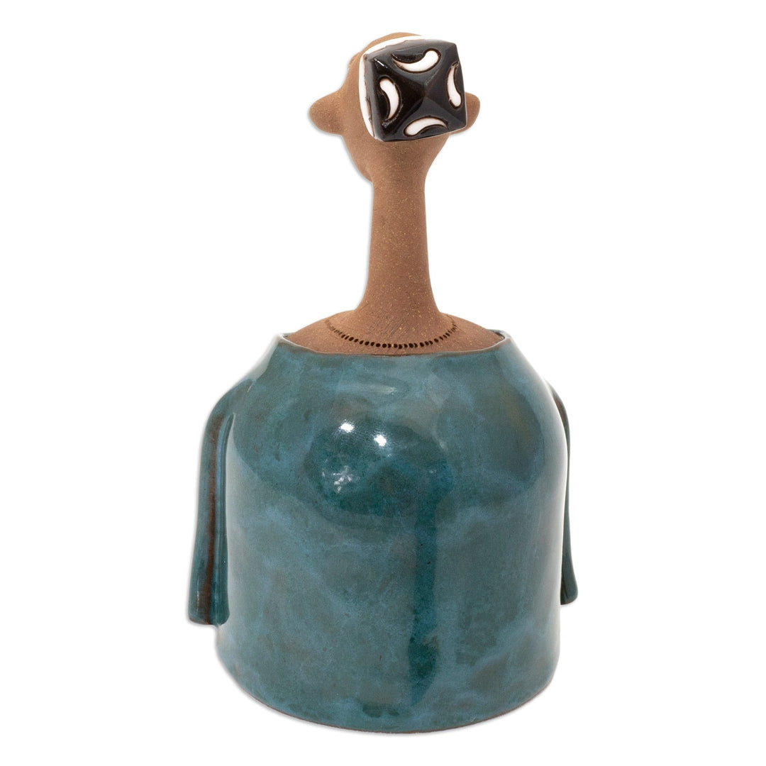 Man-Shaped Decorative Ceramic Bell Made & Painted by Hand - Man in Teal