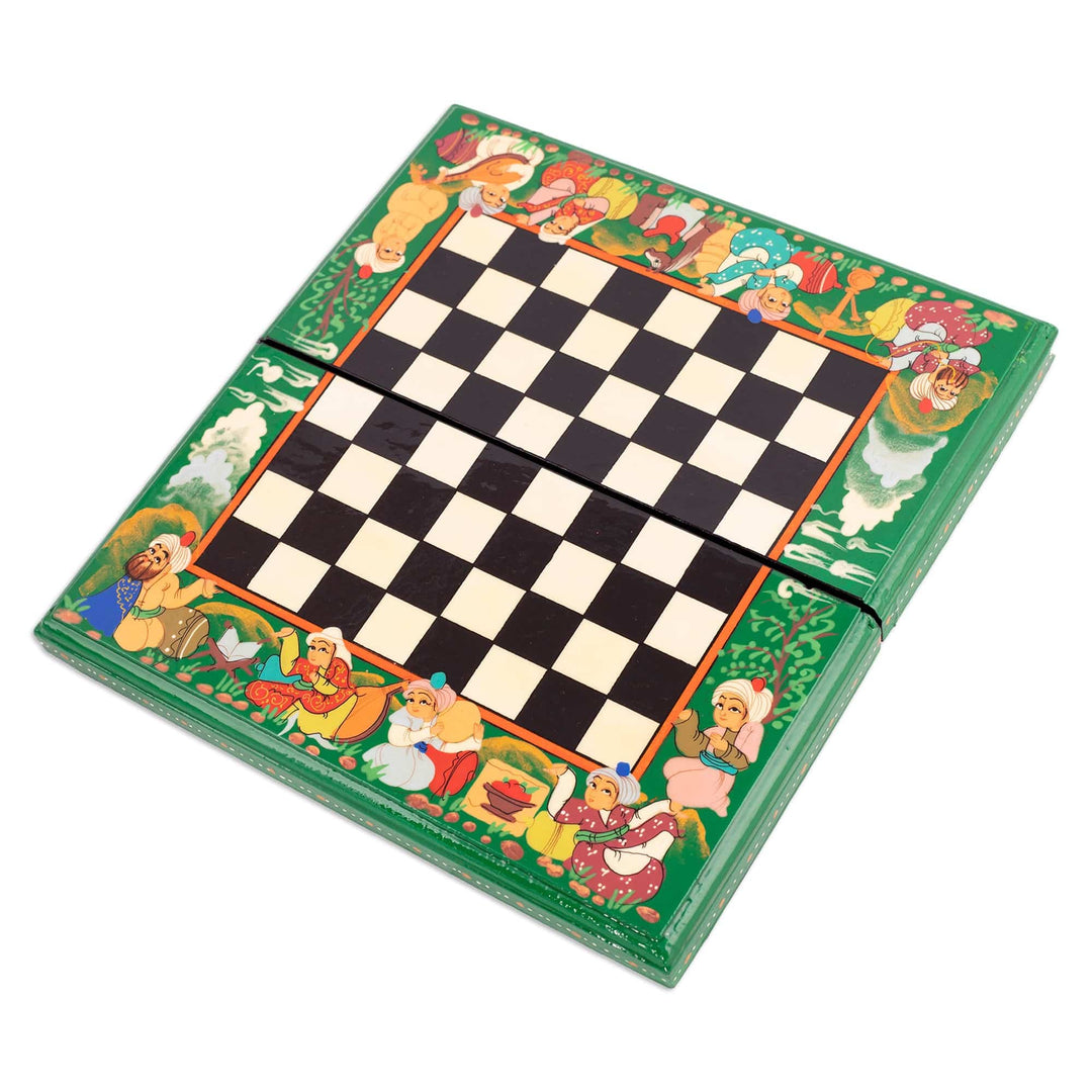Handcrafted Painted Walnut Wood Chess Set in Green - Green Bukhara Folklore