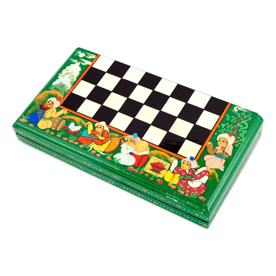 Handcrafted Painted Walnut Wood Chess Set in Green - Green Bukhara Folklore