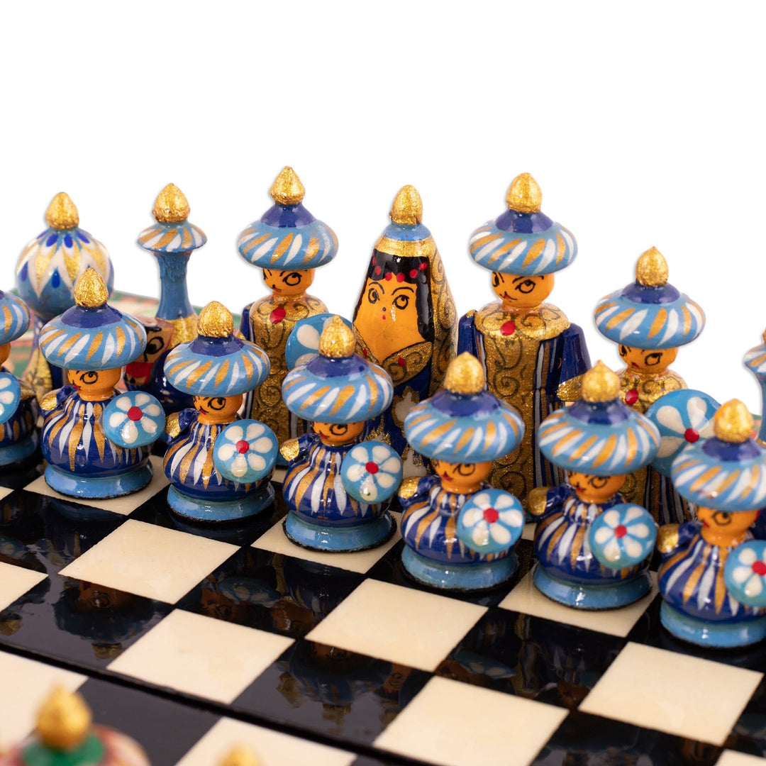 Handcrafted Painted Walnut Wood Chess Set in Green - Green Bukhara Folklore