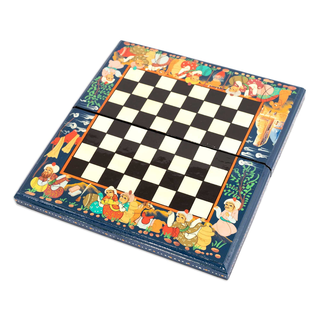 Handcrafted Painted Walnut Wood Chess Set in Blue - Bukhara Strategies