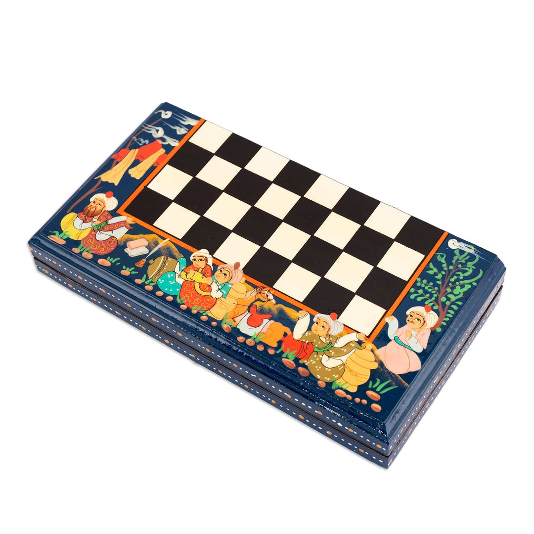 Handcrafted Painted Walnut Wood Chess Set in Blue - Bukhara Strategies