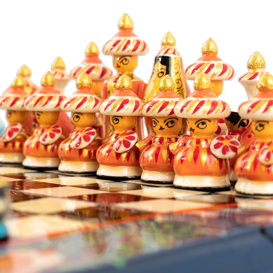 Handcrafted Painted Walnut Wood Chess Set in Blue - Bukhara Strategies