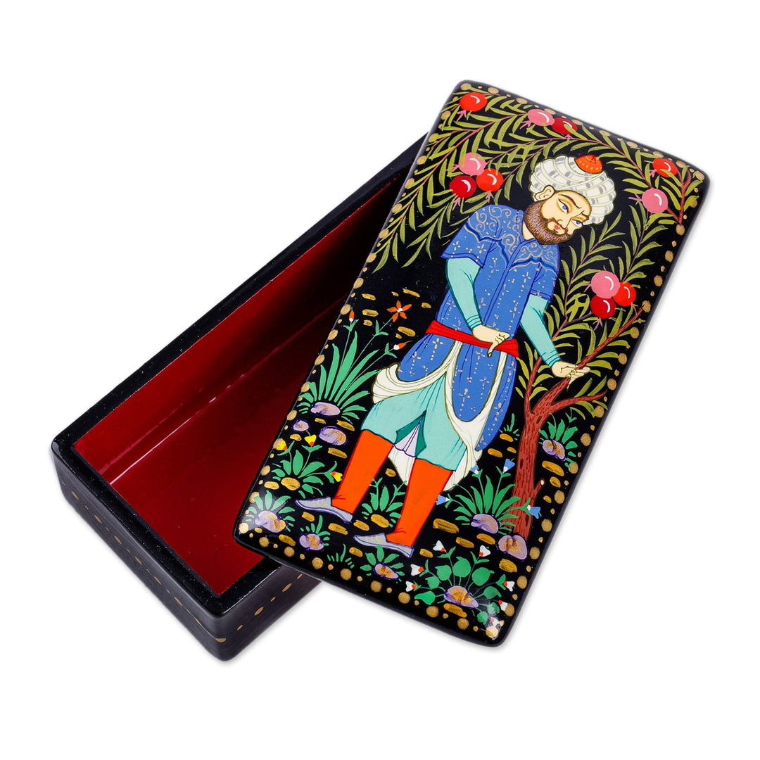 Traditional Painted Walnut Wood Jewelry Box from Uzbekistan - Pomegranate Gallantry