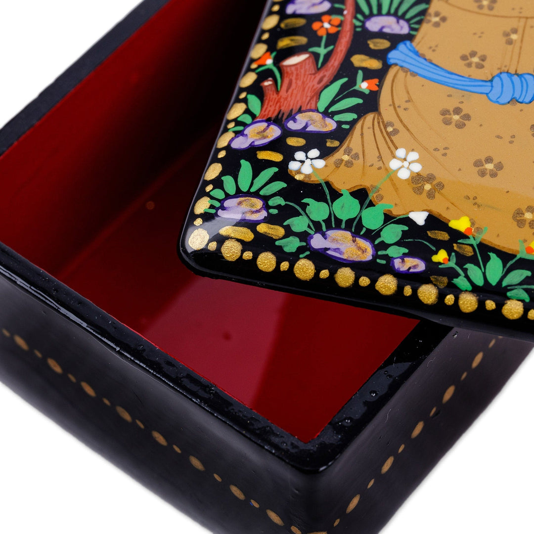 Handmade Black Walnut Wood Jewelry Box with Farmer in Yellow - Prosperous Harvest