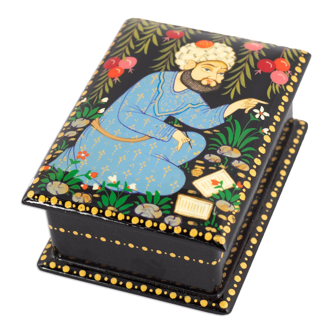 Handcrafted Black Walnut Wood Jewelry Box with Poet in Blue - Thriving Poem