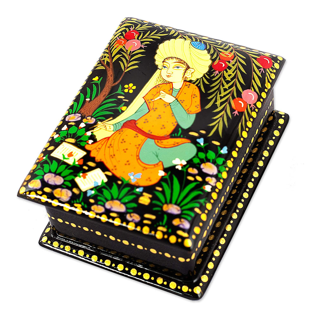 Handmade Black Walnut Wood Jewelry Box with Poet in Orange - Prosperous Poem
