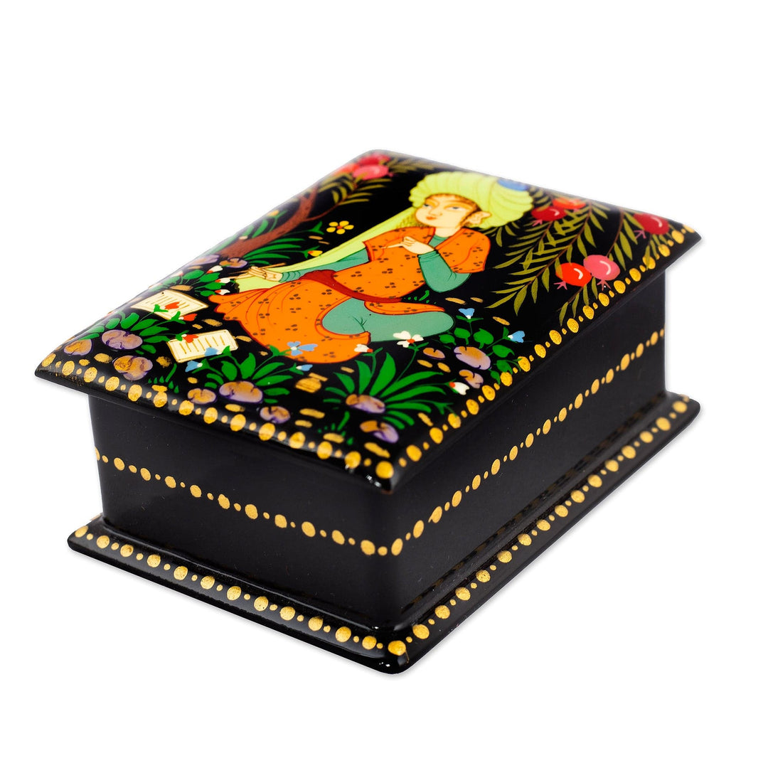 Handmade Black Walnut Wood Jewelry Box with Poet in Orange - Prosperous Poem