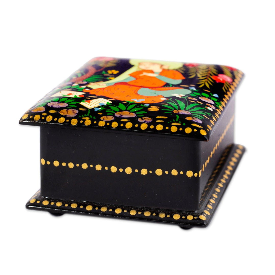 Handmade Black Walnut Wood Jewelry Box with Poet in Orange - Prosperous Poem