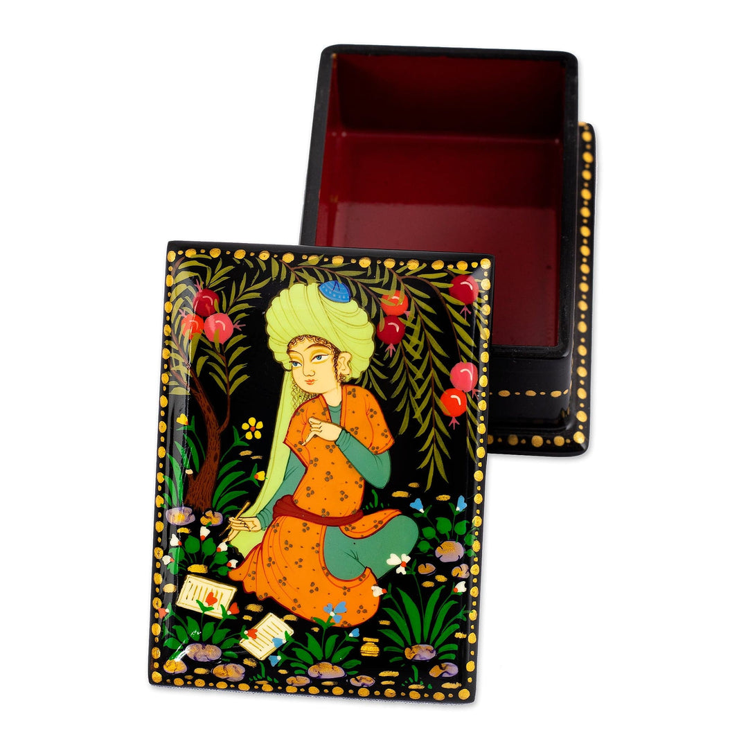 Handmade Black Walnut Wood Jewelry Box with Poet in Orange - Prosperous Poem