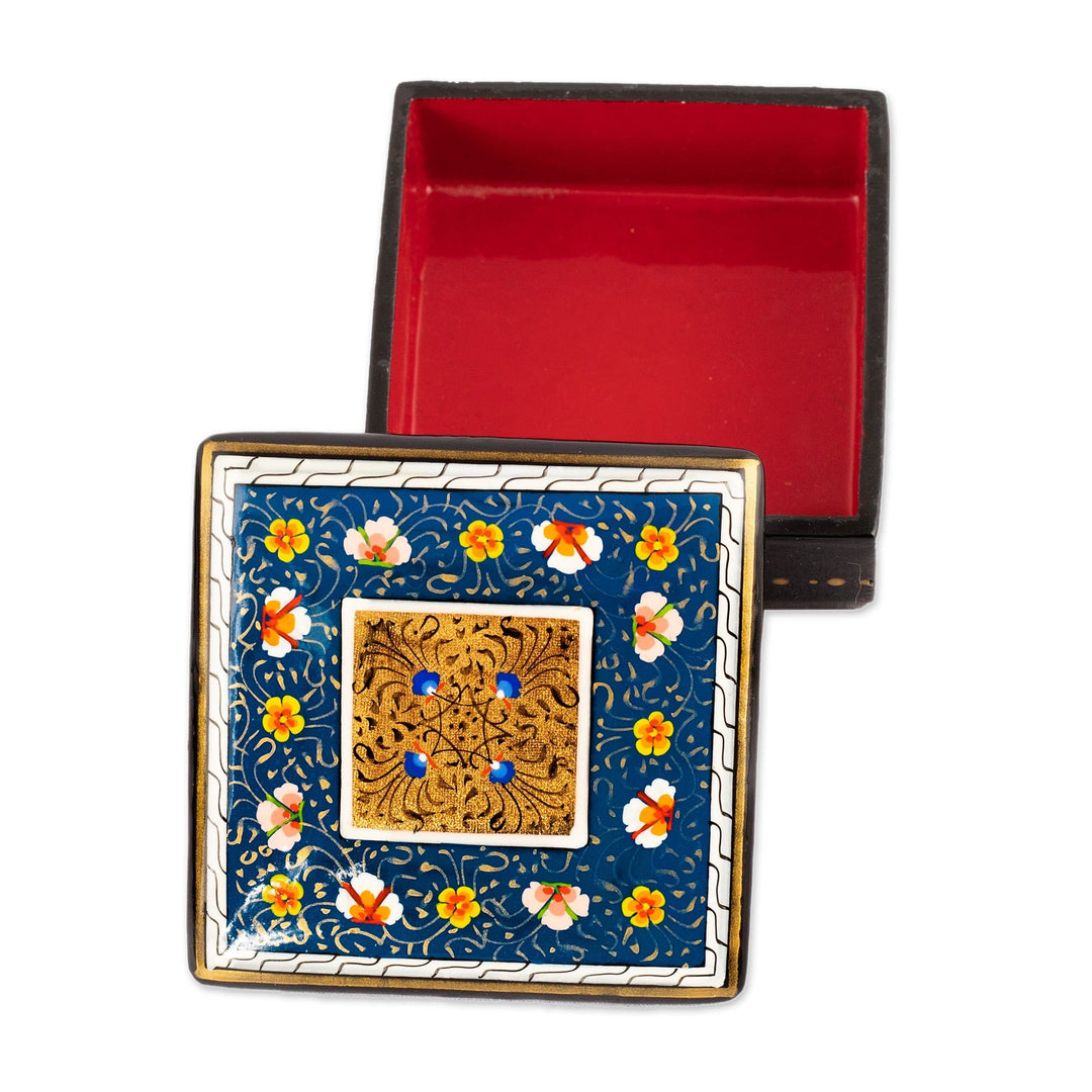 Hand-Painted Lacquered and Gilded Wood Jewelry Box in Blue - Blossoming Blue