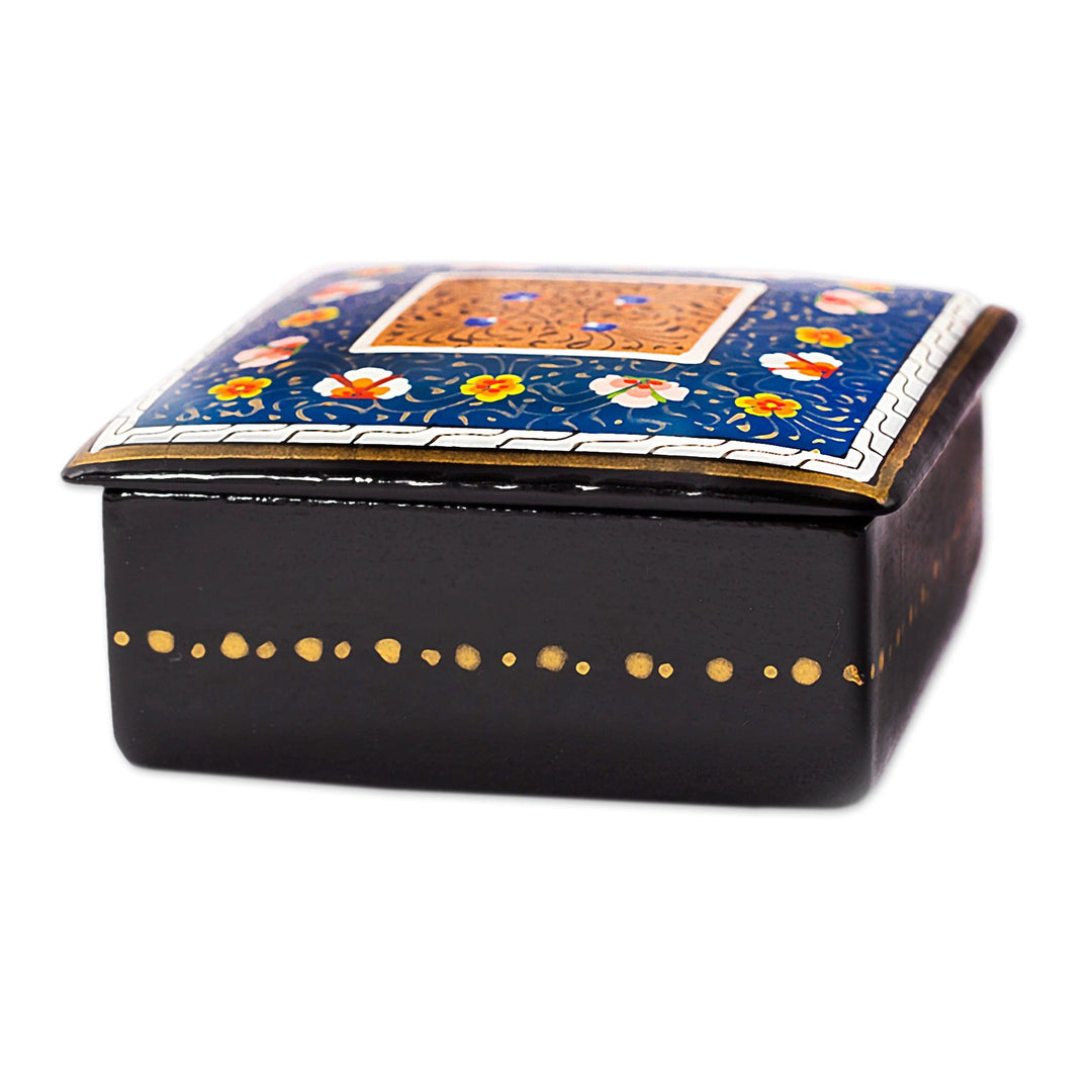 Hand-Painted Lacquered and Gilded Wood Jewelry Box in Blue - Blossoming Blue