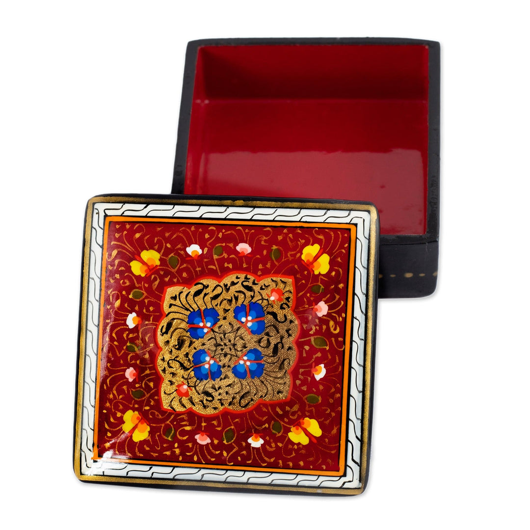 Hand-Painted Lacquered and Gilded Wood Jewelry Box in Red - Red Bloom