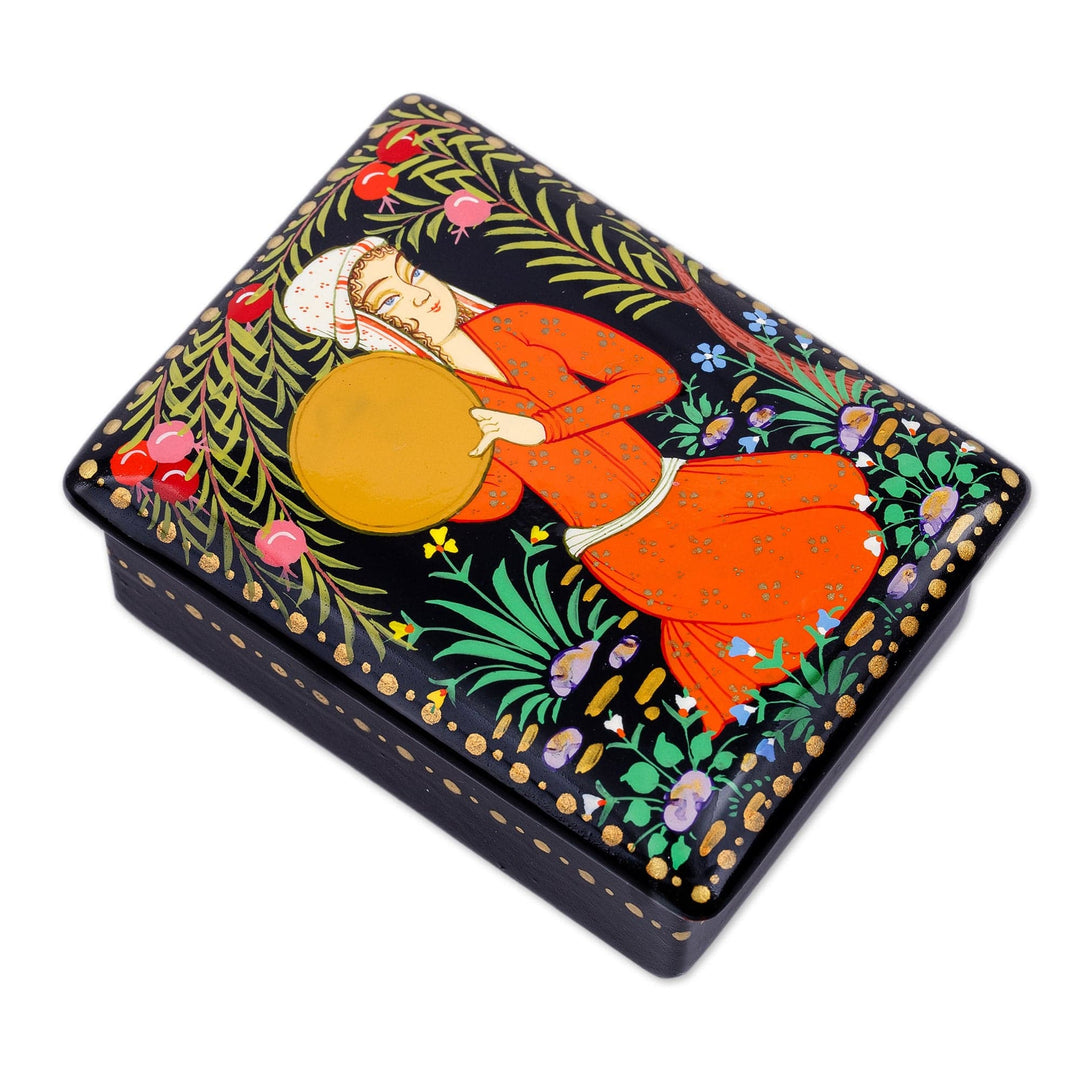 Lacquered Walnut Wood Jewelry Box with Woman in Nature Motif - Woman with Doira