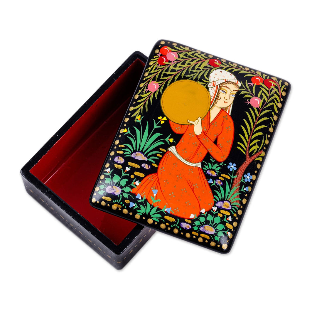 Lacquered Walnut Wood Jewelry Box with Woman in Nature Motif - Woman with Doira