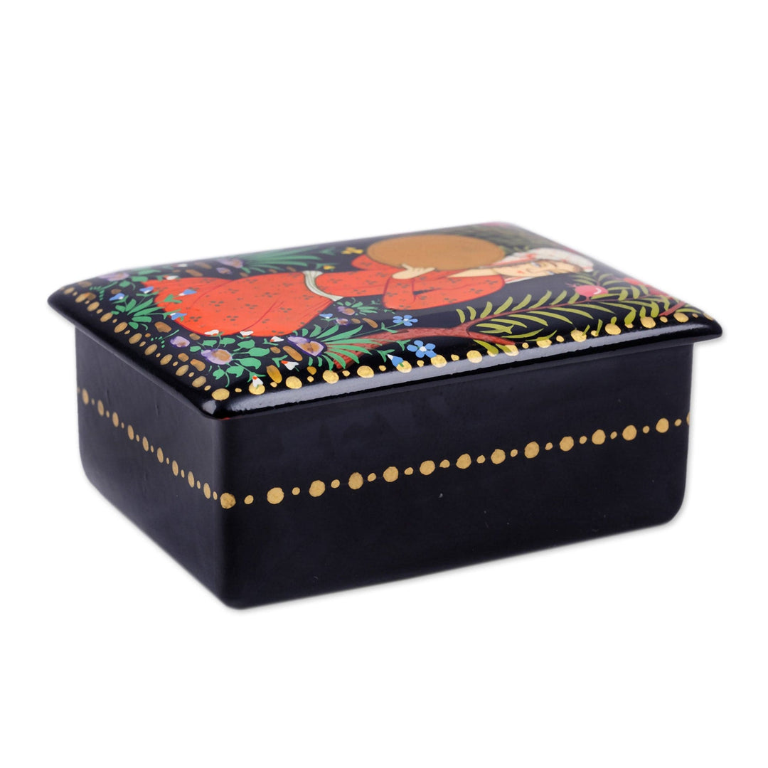 Lacquered Walnut Wood Jewelry Box with Woman in Nature Motif - Woman with Doira