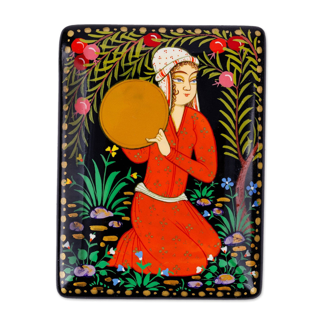 Lacquered Walnut Wood Jewelry Box with Woman in Nature Motif - Woman with Doira