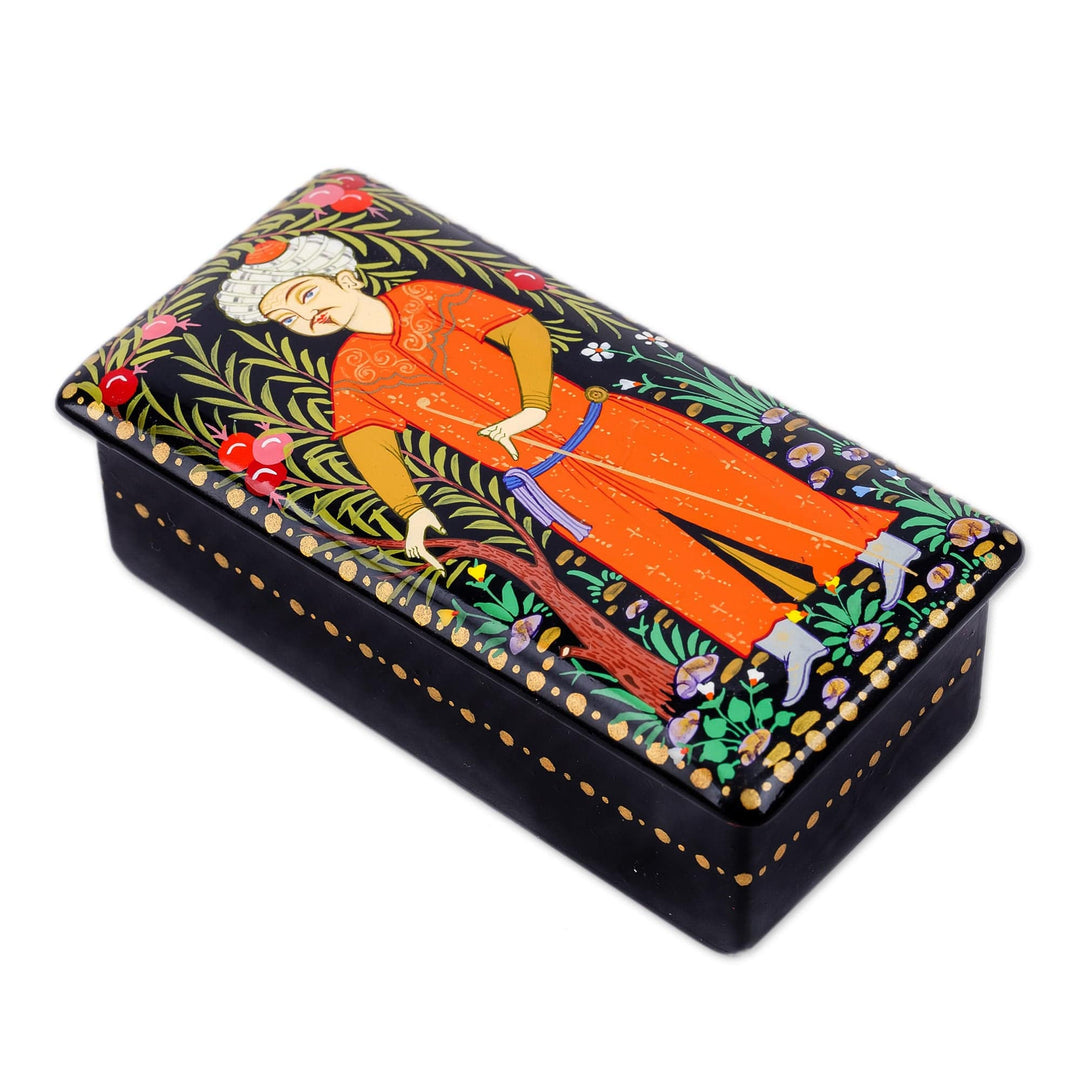 Lacquered Walnut Wood Jewelry Box with Man in Nature Motif - Man in The Garden