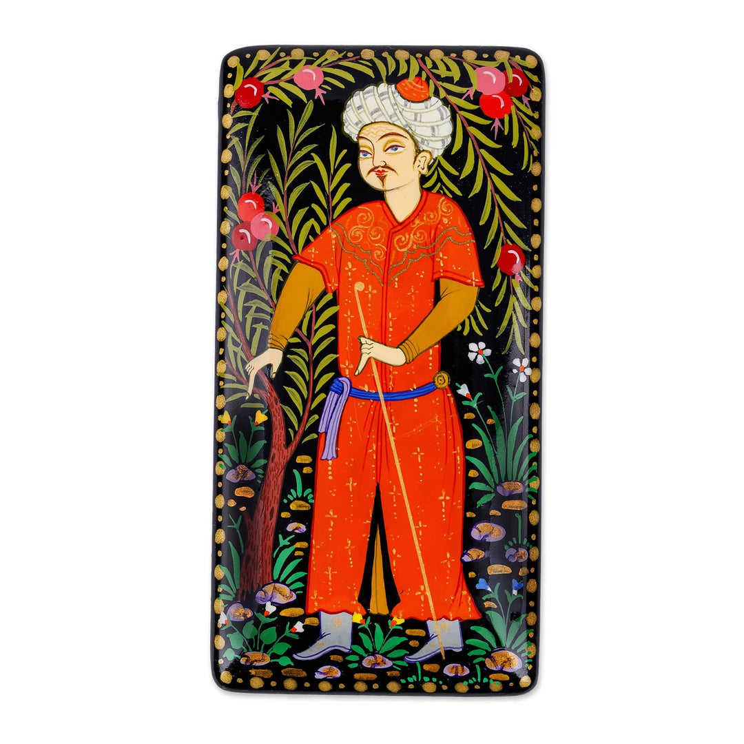 Lacquered Walnut Wood Jewelry Box with Man in Nature Motif - Man in The Garden