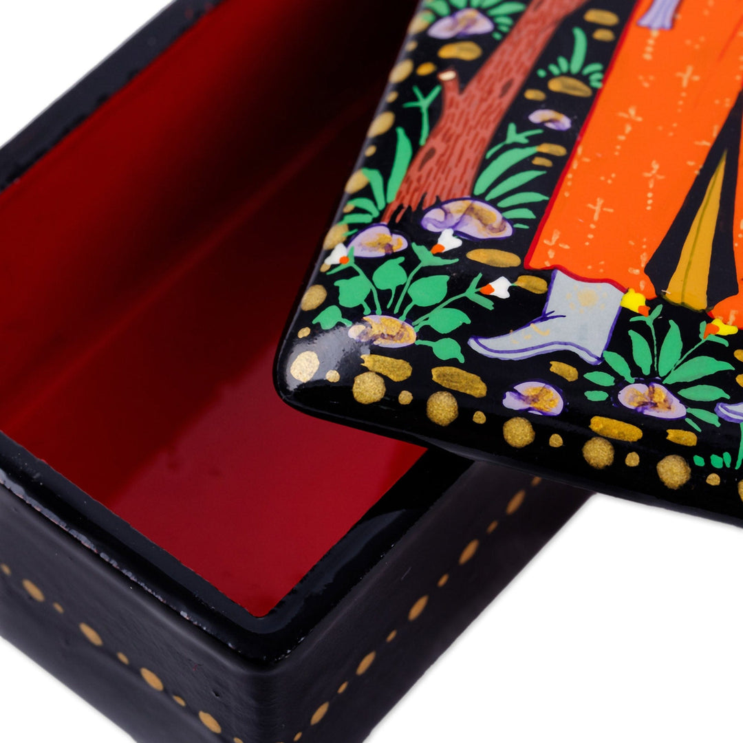 Lacquered Walnut Wood Jewelry Box with Man in Nature Motif - Man in The Garden