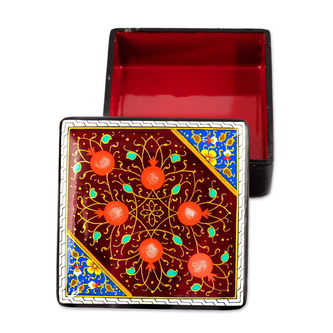 Pomegranate Tree-Themed Lacquered Walnut Wood Jewelry Box - Floral Magnificence