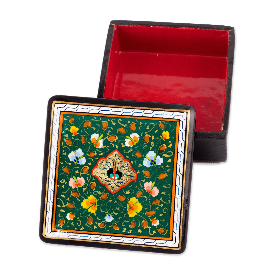Handcrafted Traditional Floral Green Walnut Wood Jewelry Box - Green Eden