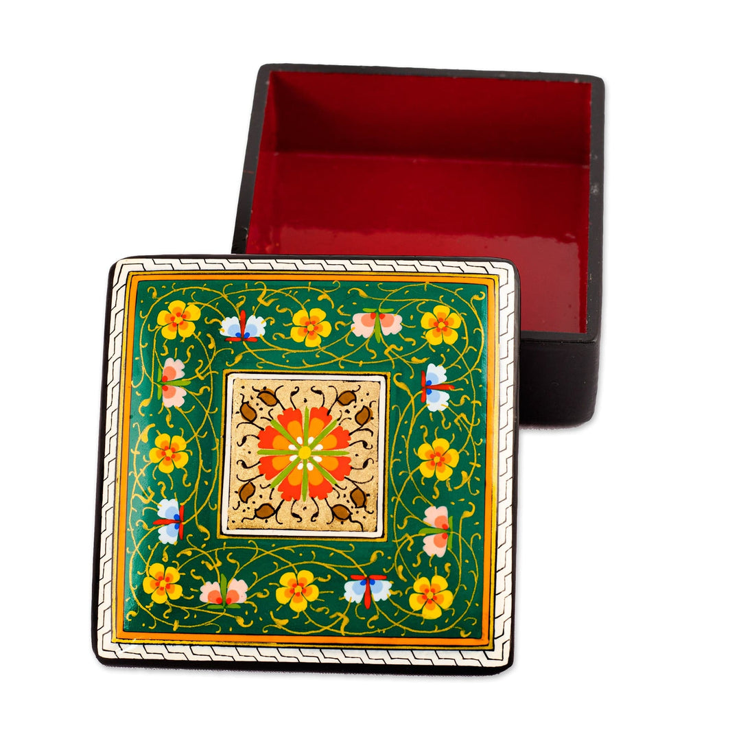 Hand-Painted Floral Walnut Wood Jewelry Box in Green - Floral Palace in Green