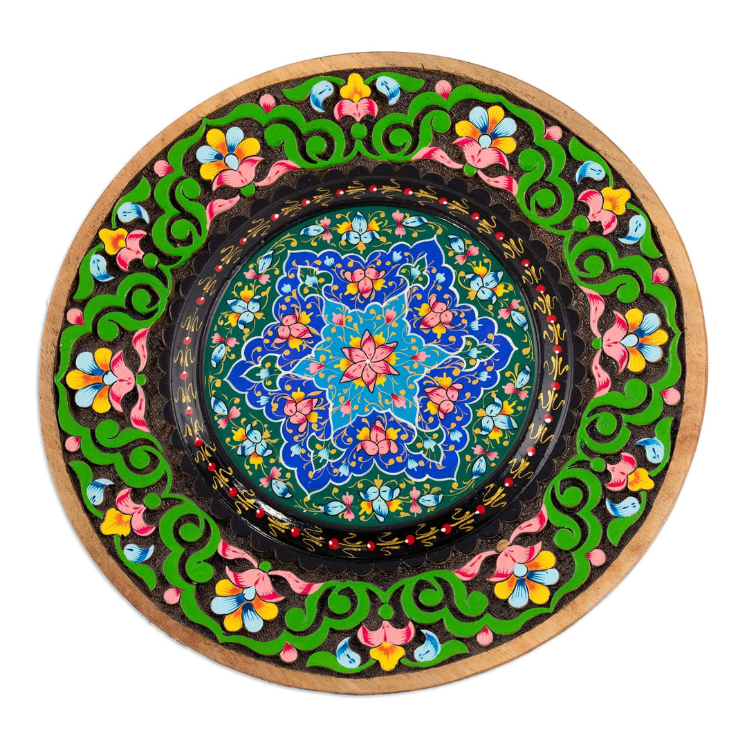 Hand-Carved Walnut Wood Wall Art with Bright Outer Ring - Bright Floral Eternity