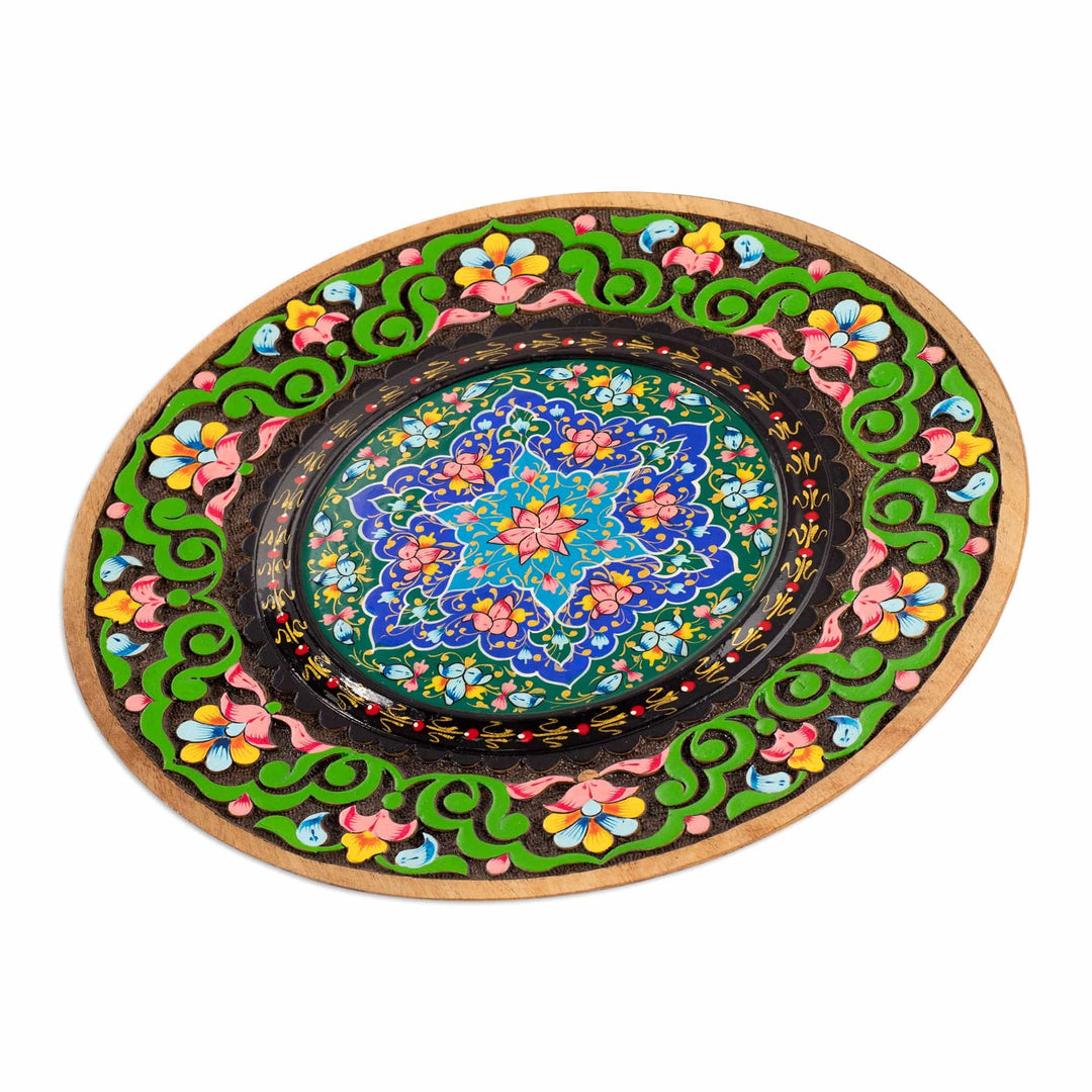 Hand-Carved Walnut Wood Wall Art with Bright Outer Ring - Bright Floral Eternity