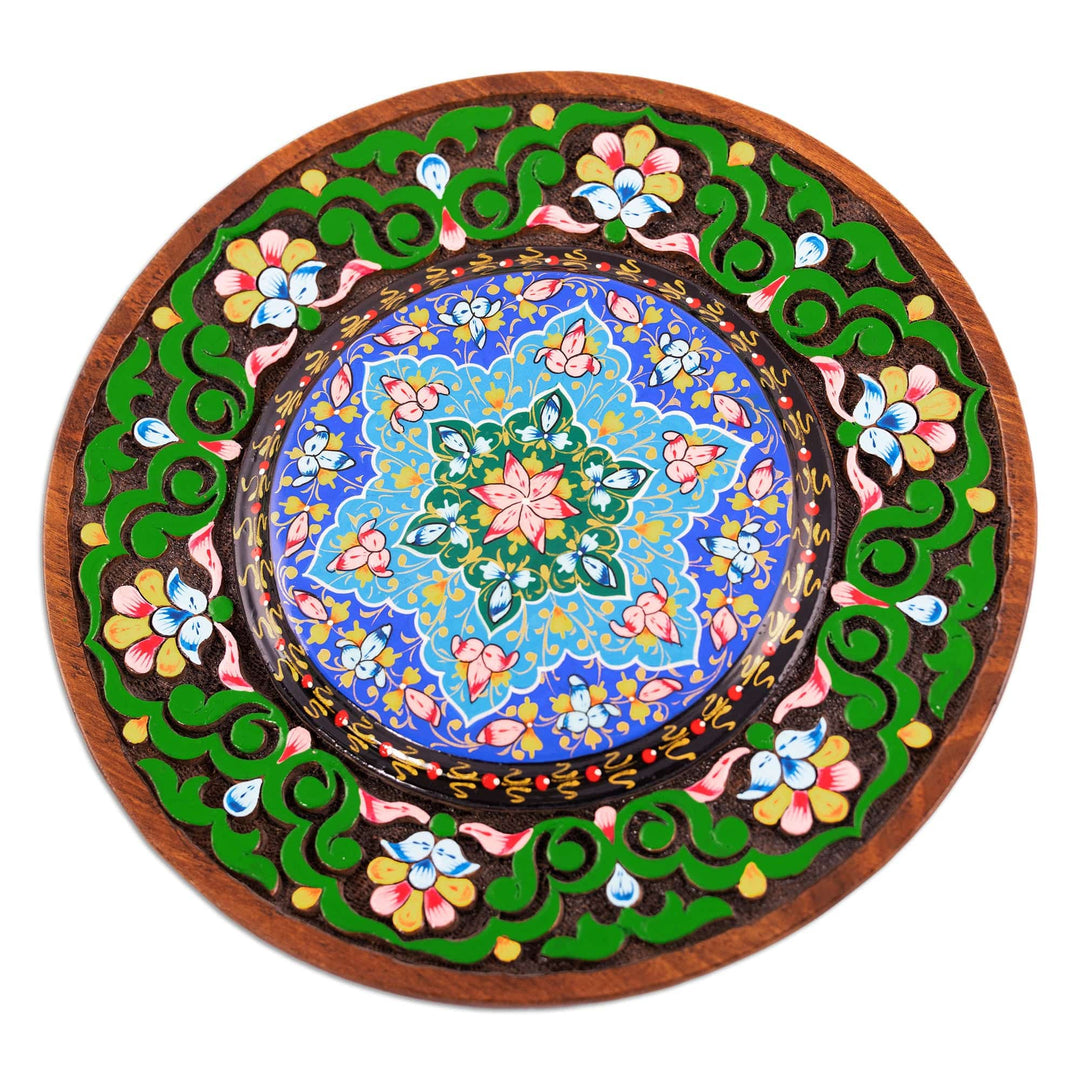Hand-Carved Walnut Wood Wall Art with Dark Outer Ring - Dark Floral Eternity