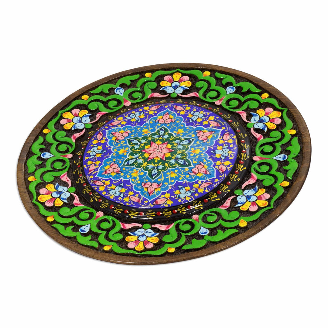 Hand-Carved Walnut Wood Wall Art with Dark Outer Ring - Dark Floral Eternity