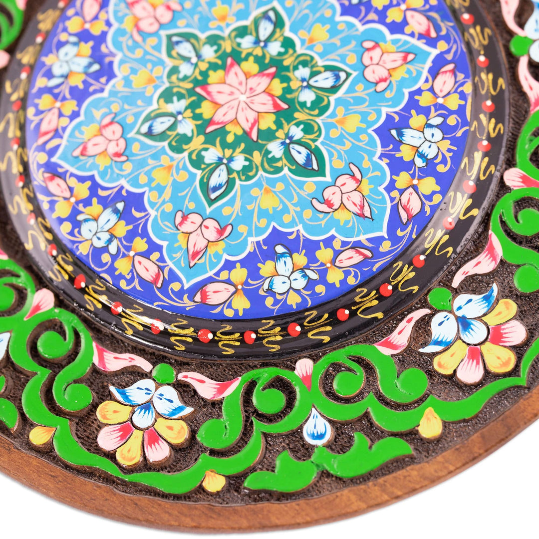 Hand-Carved Walnut Wood Wall Art with Dark Outer Ring - Dark Floral Eternity