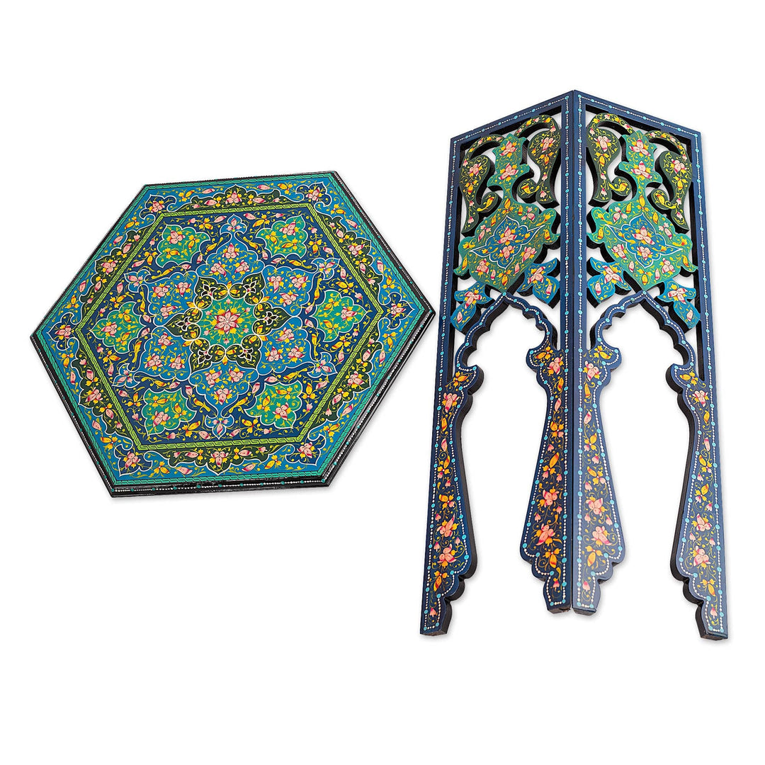 Handcrafted Floral Maple Wood Accent Table in Blue and Green - Royal Uzbekistan in Blue