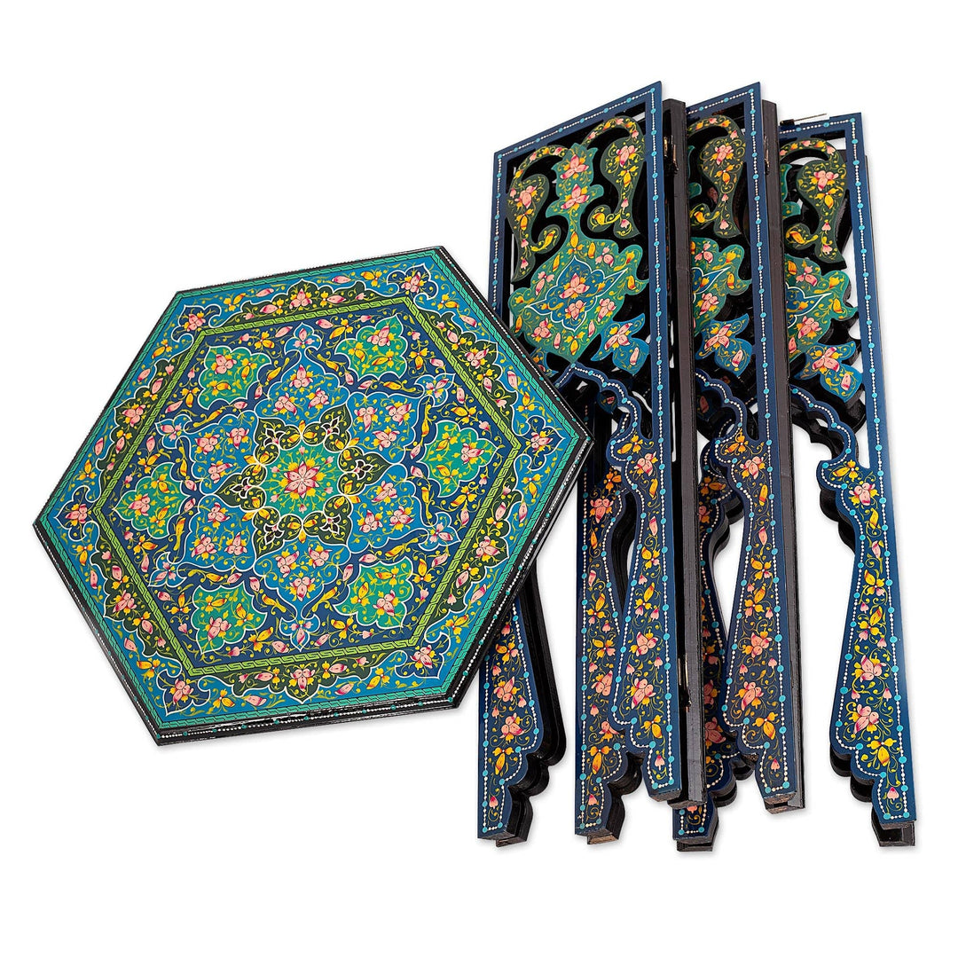 Handcrafted Floral Maple Wood Accent Table in Blue and Green - Royal Uzbekistan in Blue