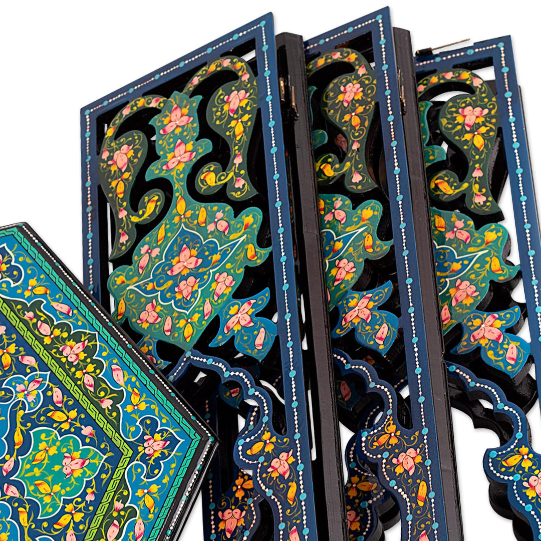 Handcrafted Floral Maple Wood Accent Table in Blue and Green - Royal Uzbekistan in Blue