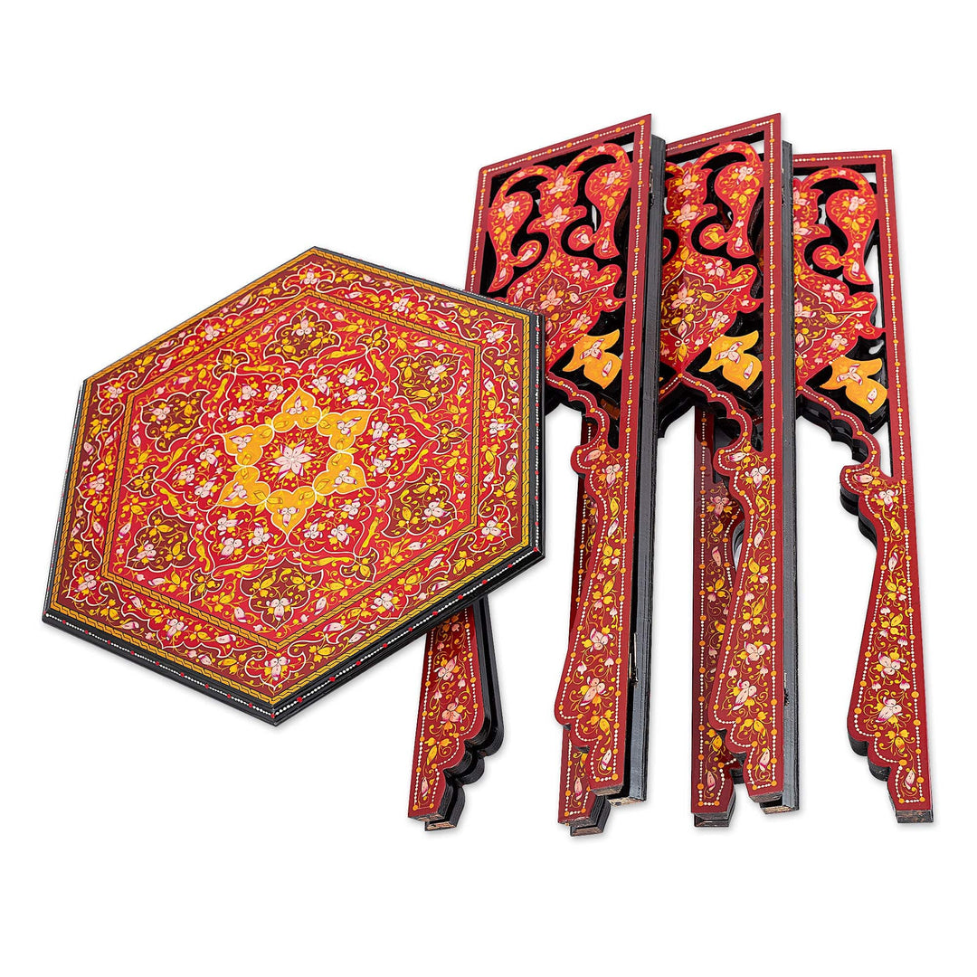 Handcrafted Floral Maple Wood Accent Table in Red and Yellow - Royal Uzbekistan in Red