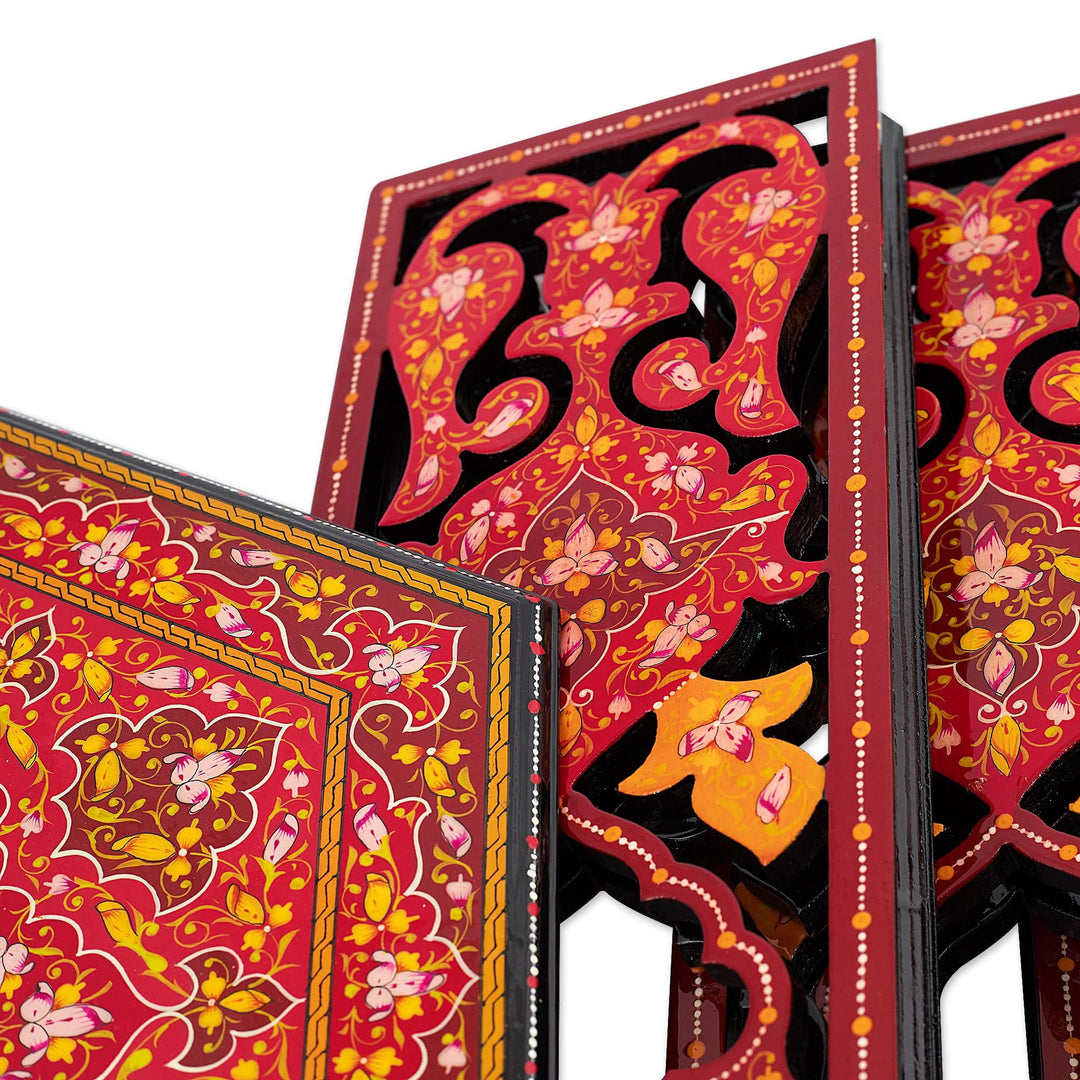 Handcrafted Floral Maple Wood Accent Table in Red and Yellow - Royal Uzbekistan in Red