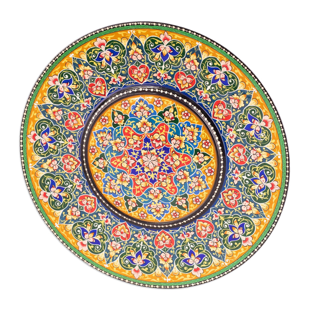 Hand-Painted Floral Round Walnut Wood Wall Art in Yellow - Spring Dimensions