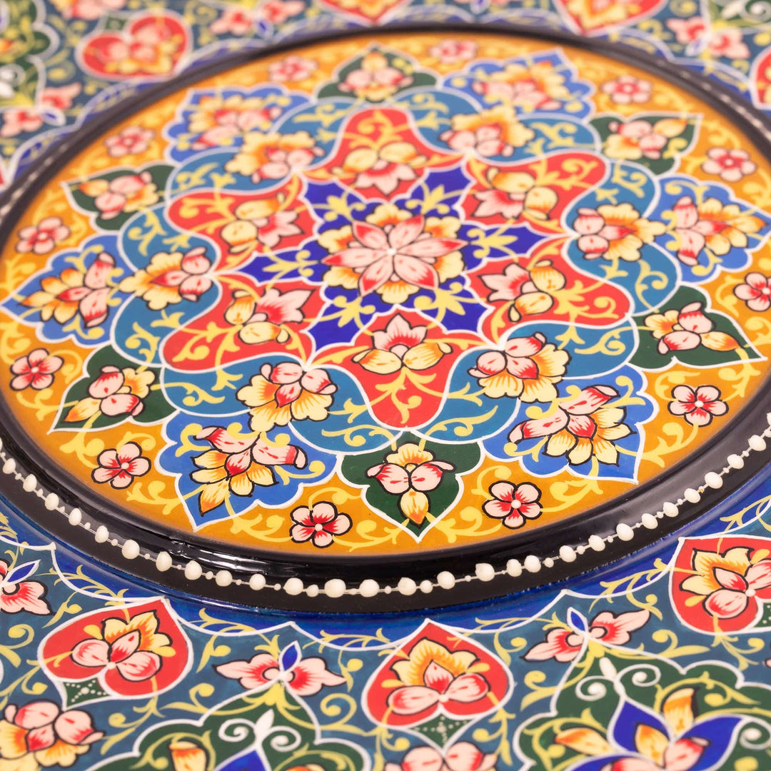 Hand-Painted Floral Round Walnut Wood Wall Art in Yellow - Spring Dimensions