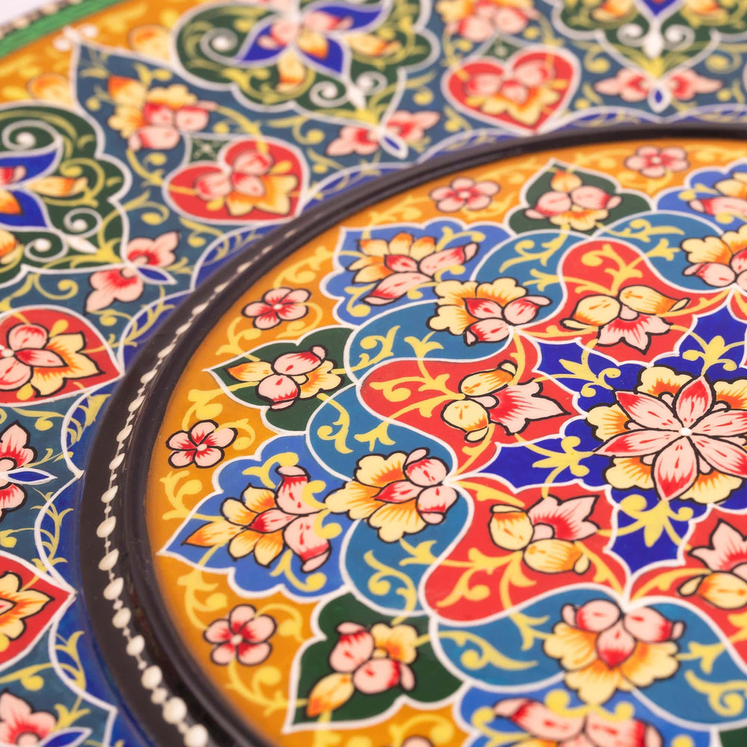 Hand-Painted Floral Round Walnut Wood Wall Art in Yellow - Spring Dimensions