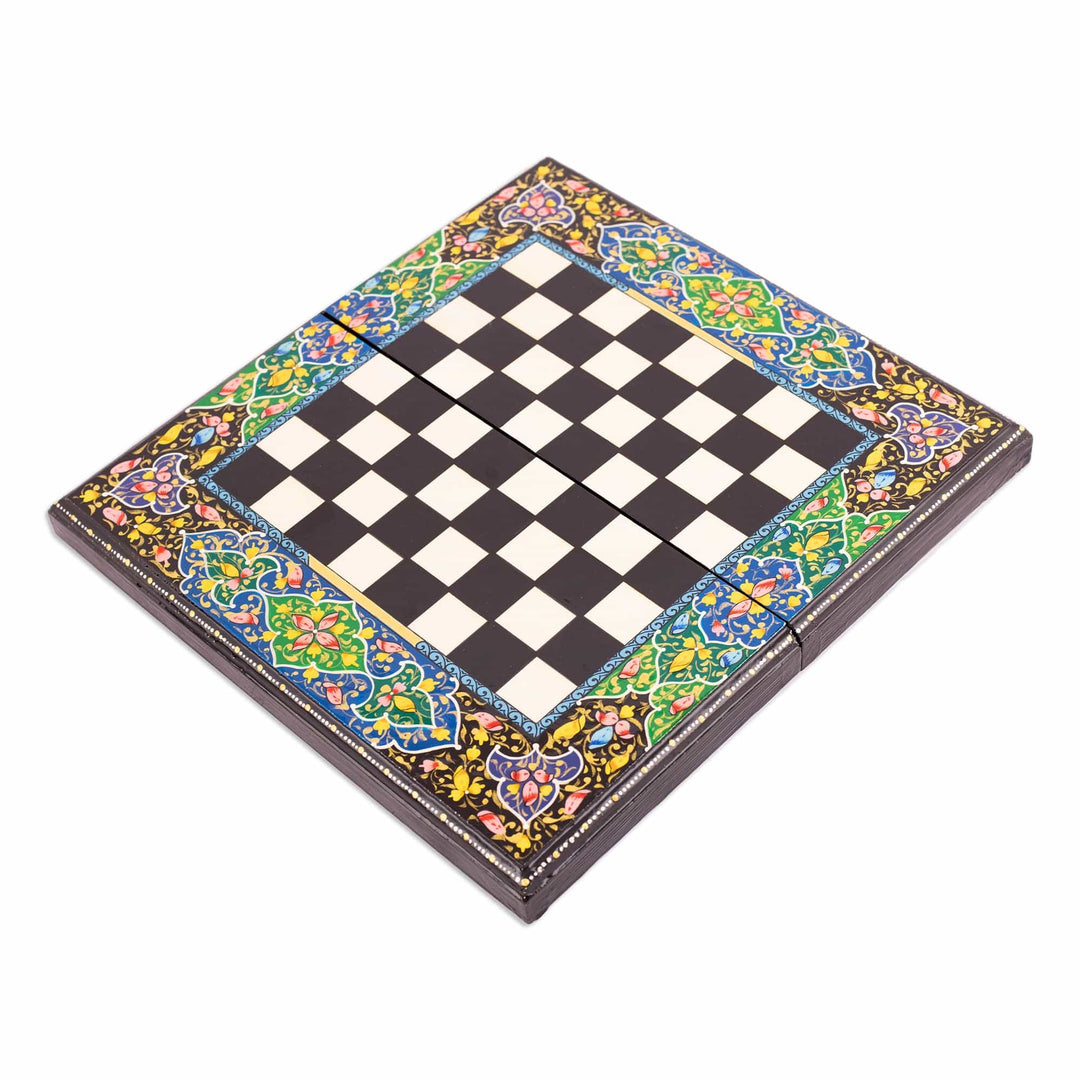 Handcrafted Floral and Leafy Black Walnut Wood Chess Set - Bukhara Gardens