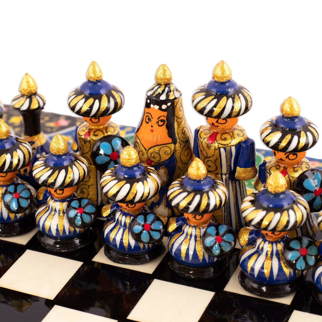 Handcrafted Floral and Leafy Black Walnut Wood Chess Set - Bukhara Gardens