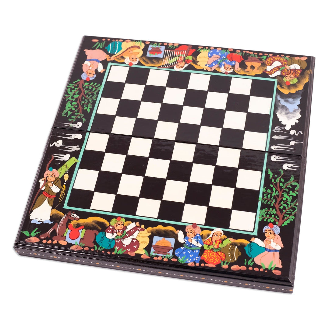 Handcrafted Painted Walnut Wood Chess Set in Black - Night Bukhara Folklore