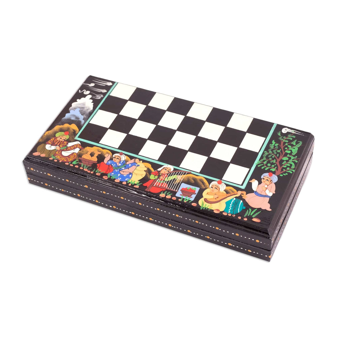 Handcrafted Painted Walnut Wood Chess Set in Black - Night Bukhara Folklore