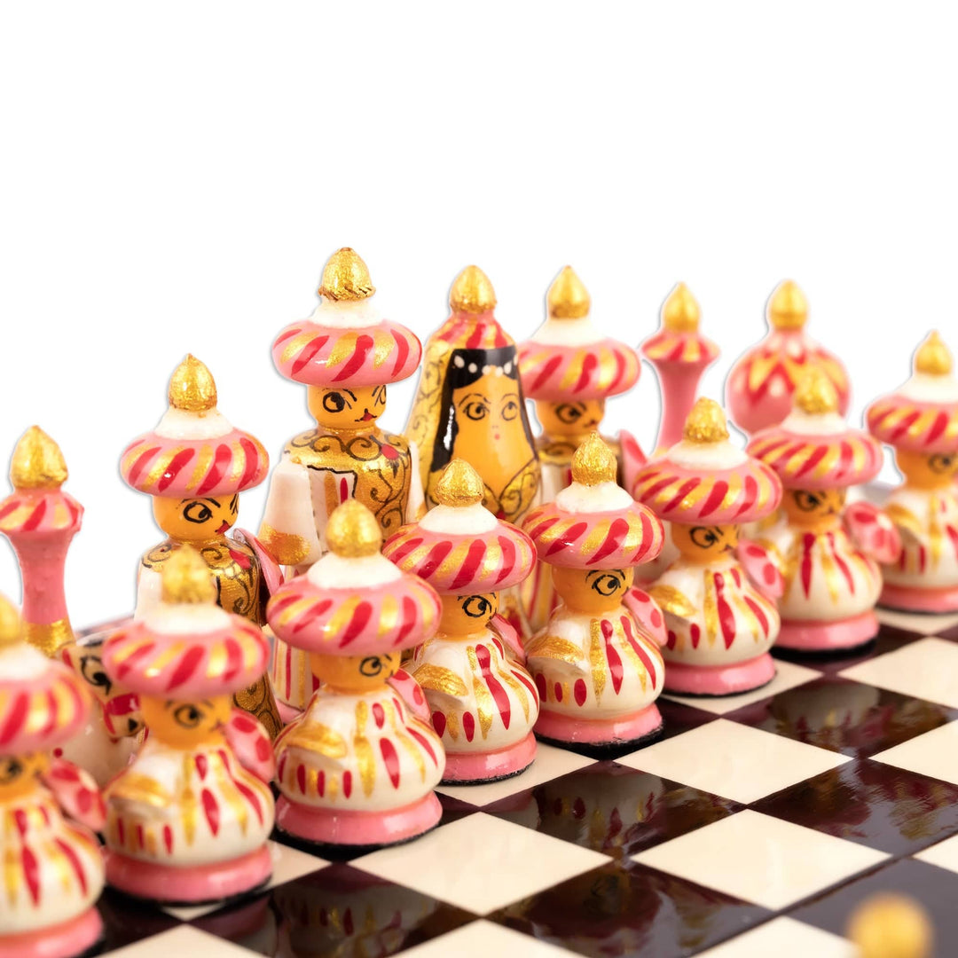 Handcrafted Painted Walnut Wood Chess Set in Black - Night Bukhara Folklore