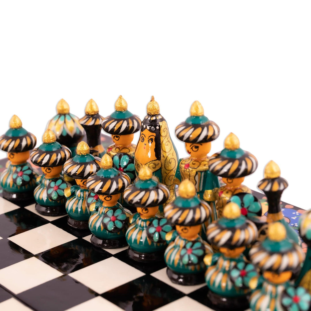 Handcrafted Painted Walnut Wood Chess Set in Black - Night Bukhara Folklore