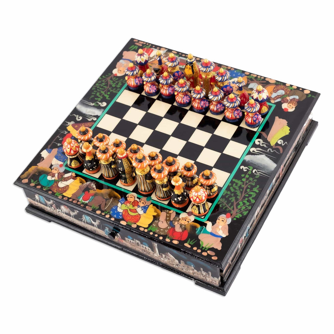 Handcrafted Painted Traditional Walnut Wood Chess Set - Midnight in Bukhara