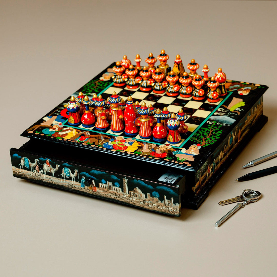 Handcrafted Painted Traditional Walnut Wood Chess Set - Midnight in Bukhara