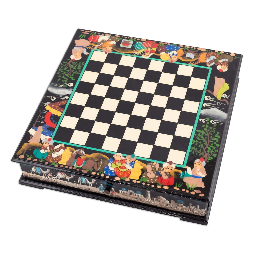 Handcrafted Painted Traditional Walnut Wood Chess Set - Midnight in Bukhara